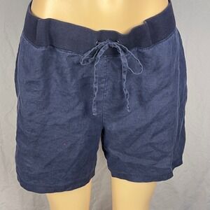 Linen Blend Shorts Women Size L Navy Blue Elastic Drawstring Coastal Summer